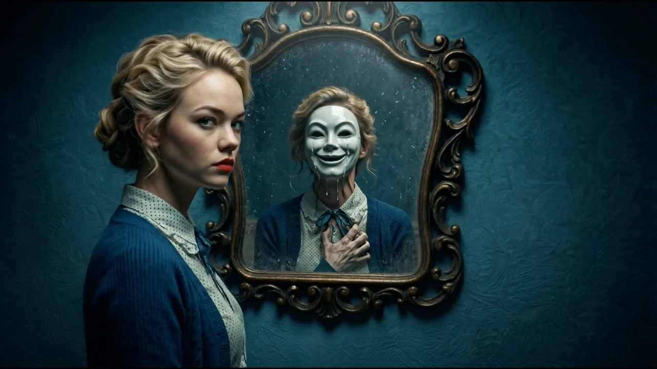 『Mask』より。仮面をつけた自分が映る鏡の横に立つ女性