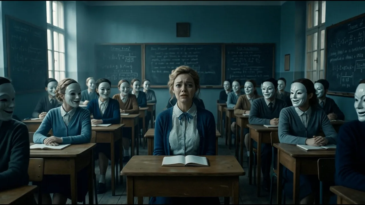 『Mask』より。仮面の生徒たちに囲まれ、ひとり素顔で座る女性