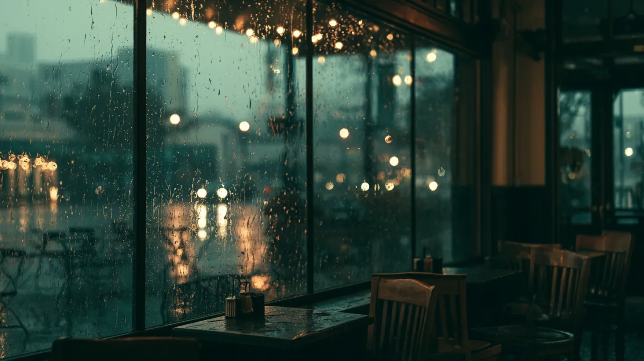 雨の朝、静かなカフェの店内
